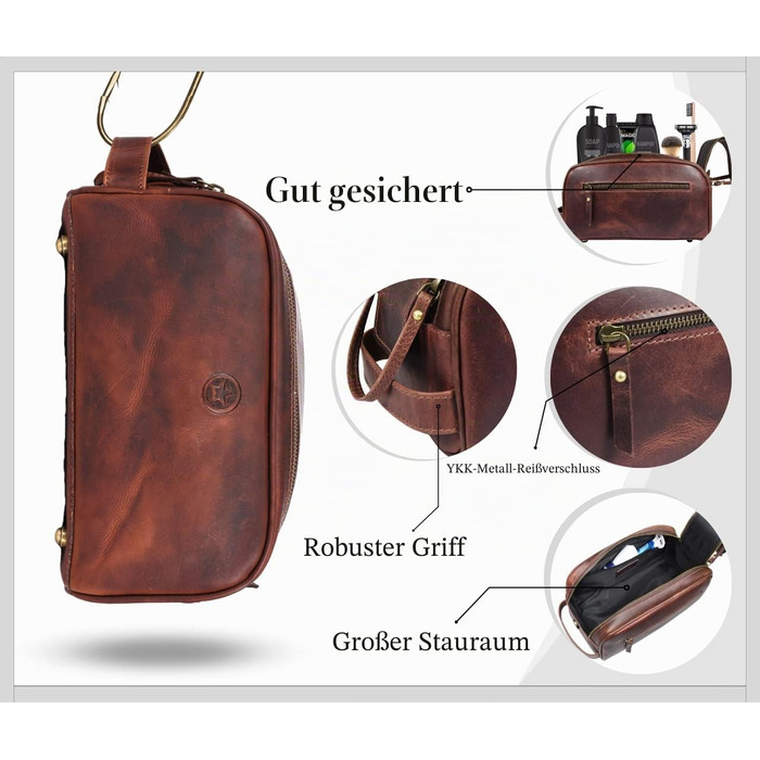Шкіряна косметичка для чоловіків Aaron Leather — дорожній набір для догляду, темно-коричнева (горіх), з подвійною блискавкою