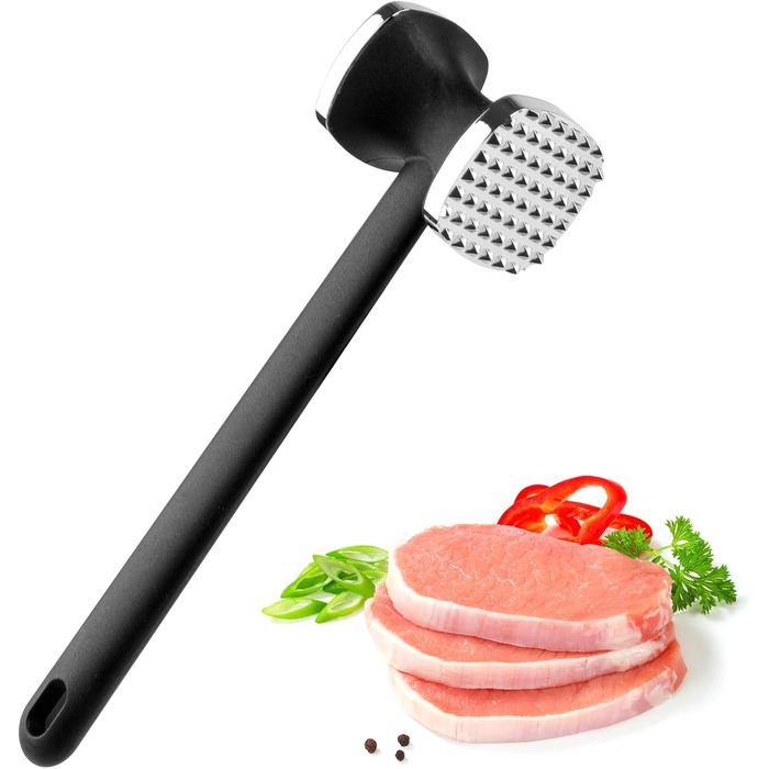 Топчик для відбивання м'яса Deepton з цинкової сплави, 24 см, двосторонній, з неслизькою ручкою, срібного кольору. Ідеально для відбивання шніцелів, яловичини, курки.