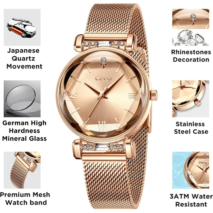 Жіночий годинник CIVO водонепроникний мінімалістичний аналоговий кварц, мода, сукня, елегантний, повсякденний кварцовий годинник для жінок (Y-4 Рожеве золото)