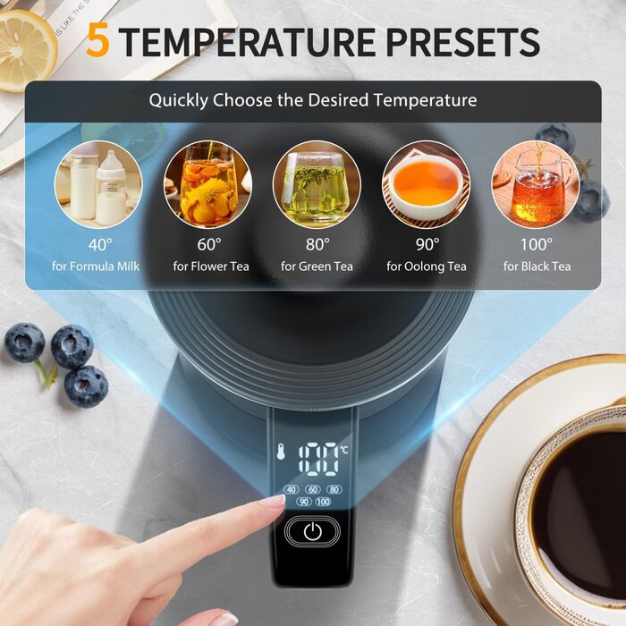 Електричний чайник Aigostar Alva з регулюванням температури 40°C-100°C, 1.7 л, подвійні стінки, Cool Touch, LED дисплей, тихий, бездротовий, з функцією підтримання тепла, 2200W, BPA Free, чорний