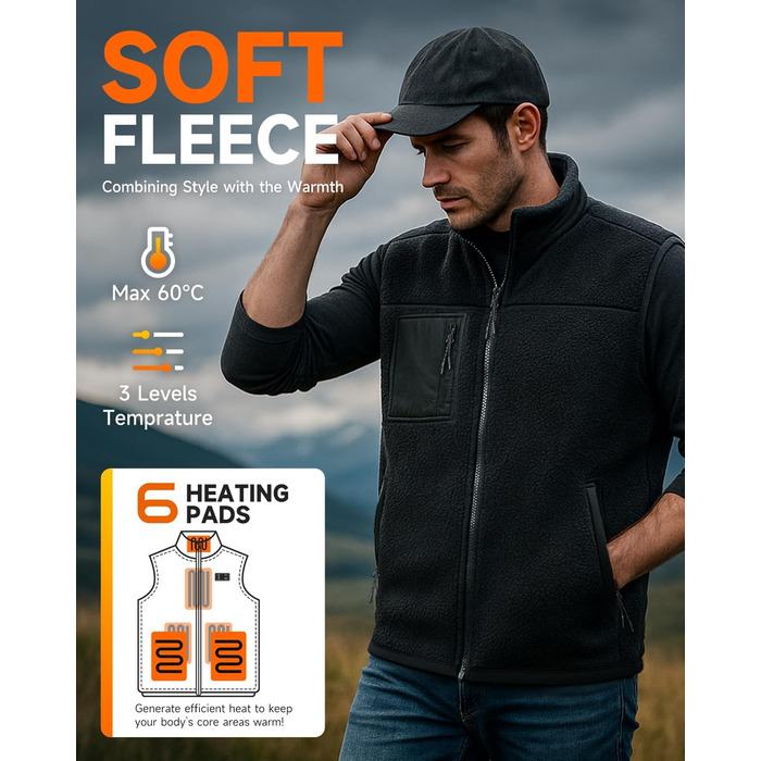 Обогреваемый жилет LABCOOL для мужчин и женщин - флисовый жилет з USB-живленням (10000mAh Powerbank), 6 зон обігріву, 3 температурні режими, машинне прання, XL, чорний