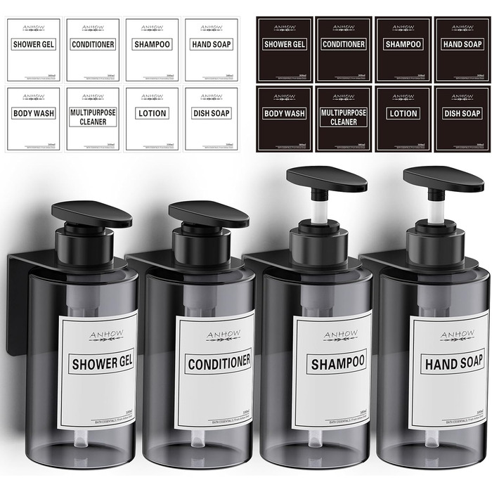 Набір дозатора мила для стін 4er, 300 мл, сірий. Дозатор мила без свердління, набір з 12 етикеток для душу/кухні/ванної кімнати
