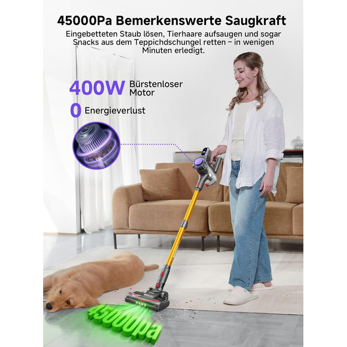 MONSGA Бездротовий акумуляторний пилосос з дисплеєм, 45000Pa, 50 хвилин роботи, антизаплутана щітка, самостійна парковка, док-станція на стіні, 8-шарова фільтрація, безщітковий двигун, для твердих поверхонь, килимів, шерсті тварин, авто