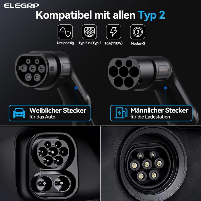 Кабель для зарядки електромобіля Typ 2 (22kW, 32A, 3-фазний) з сумкою, 5м. Підходить для Tesla Model S/3/X/Y, VW ID.3/4, e-Golf та інших електромобілів