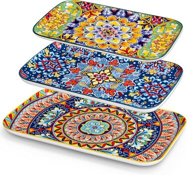 Vancasso Porcelain Serving Platter Set, SIMI Rectangular Plate Set, Bohemian Dinner Plates, Cake Plates, Dessert Plates, Breakfast Plates, 3 Sizes Serving Platters