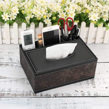 BSTKEY Rectangular Tissue Box Holder made of PU Leather with Remote Control, Storage Box (Black Flower)