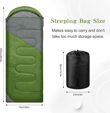 Сплячий мішок 3-4 сезони: для дорослих та дітей, теплий та зручний для кемпінгу та походів (зелений+сірий)
