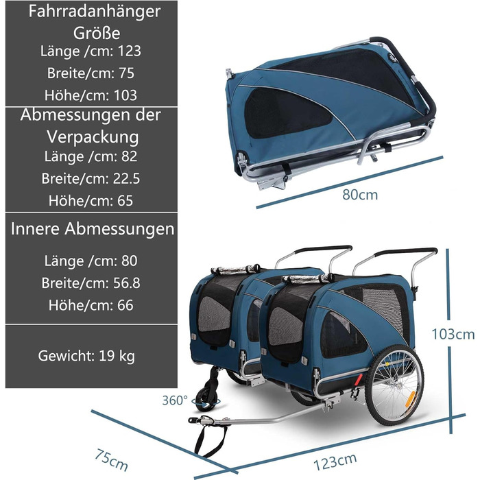 Причіп для собак XL для велосипеда та візка 2-в-1 з гальмом та світловідбивачами, міцний матеріал 600D Oxford, вантажопідйомність до 40 кг (Блакитний)