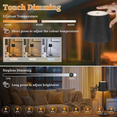 LED-лампа настільна бездротова диммируемая чорна з USB-C, сенсорна лампа з 3 колірними температурами, плавною регулюванням яскравості, регульованою висотою, IP54 вологостійка для внутрішнього/зовнішнього використання, чорна (нова версія)