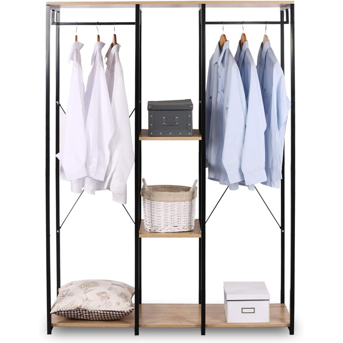 Clothes Rack Coat Rack, Open Wardrobe for Bedroom, Laundry Rack Hanging Shelf with Storage, Wood Steel, Black+Light Oak