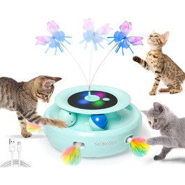 GoldenSun Cat Toy, 3 in 1 Electric Interactive Automatic Toy for Cats, Whack-A-Mole, Fluttering Butterfly, includes Ball, USB Rechargeable Cat Teaser with 6 Attachments (Green)