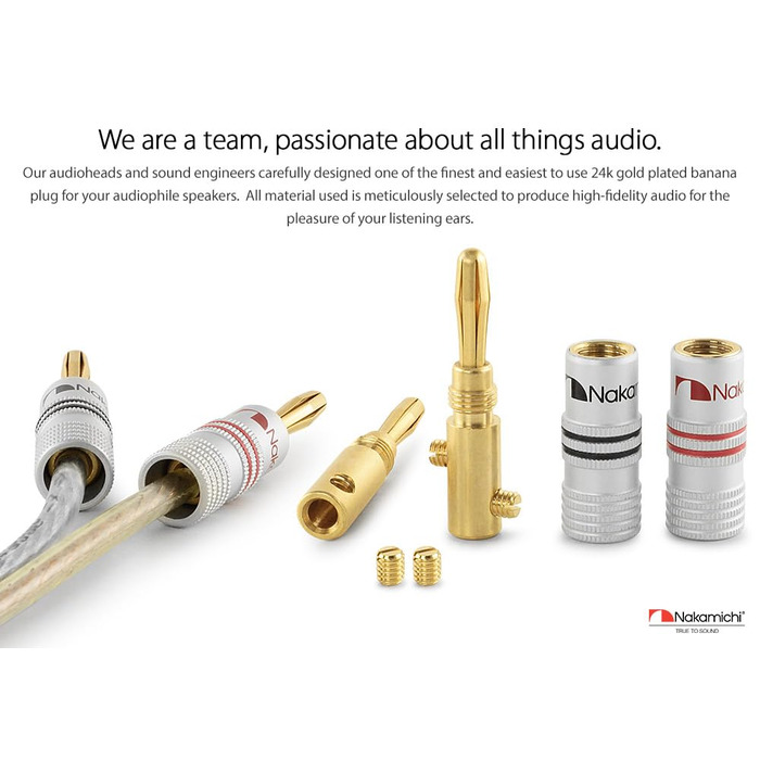 Штекери Nakamichi 24K позолочені бананники 12-18 AWG для акустики, підсилювачів, Hi-Fi, AV-ресиверів, стерео, домашнього кіно, аудіокабелів, 4 шт. (2 пари)
