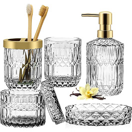 Набір аксесуарів для ванної кімнати зі скла, 5 шт. (Дозатор для лосьйону, мильниця, тримач для зубних щіток, стакан, ватні палички)