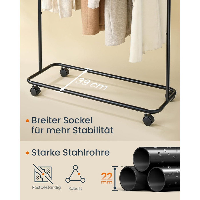 SONGMICS HOME Clothes Rack with Wheels, Coat Rack, 2 Clothes Rails, Shelf, Side Organizer, Matchstick-Shaped Hooks, Stable, Bedroom, Hallway, HSR171B01 (39W x 154.6H cm, Ink Black)
