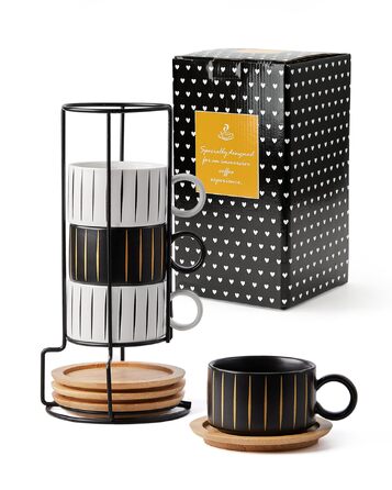 Набір кавових чашок Home Decor Cappuccino - 4 шт по 160 мл з підставками та стійкою - Керамічні чашки для еспресо, капучино, лате - колекція Stripe