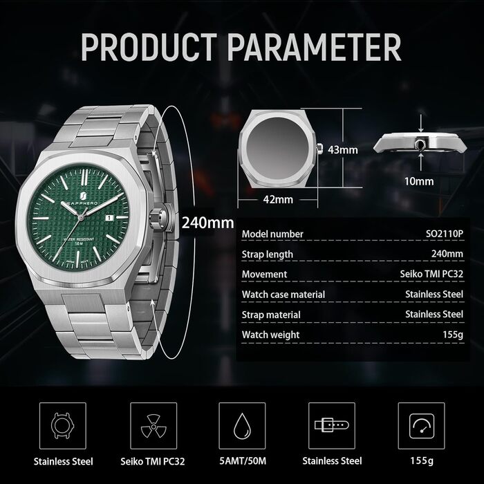 Годинник SAPPHERO для чоловіків з нержавіючої сталі, 50M водостійкий, класичний аналоговий кварцовий годинник з календарем. Елегантний подарунок для чоловіків (срібний браслет/зелене циферблат)