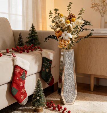 Ваза для квітів велика 68 см: срібна ваза з кристалами для пампас трави, скляна ваза з дзеркальним покриттям та блискітками, декоративна ваза для вітальні, інтер'єру – без підставки для води, 16L x 68H см