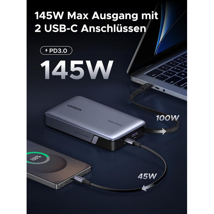 Power Bank UGREEN Nexode 20000mAh 145W з USB-C кабелем, для ноутбуків та смартфонів (Samsung, iPhone, Dell)