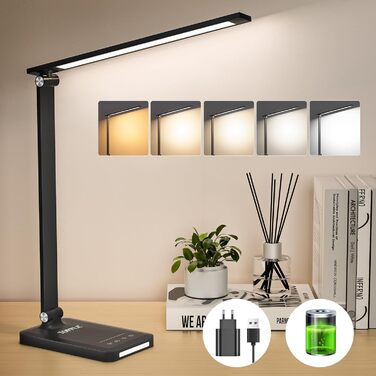 TOPPLEE LED Desk Lamp - Dimmable Table Lamp with Rechargeable Battery, 5 Colors & 10 Brightness Levels, USB Charging Port, Office Lamp for Kids & Home, Black