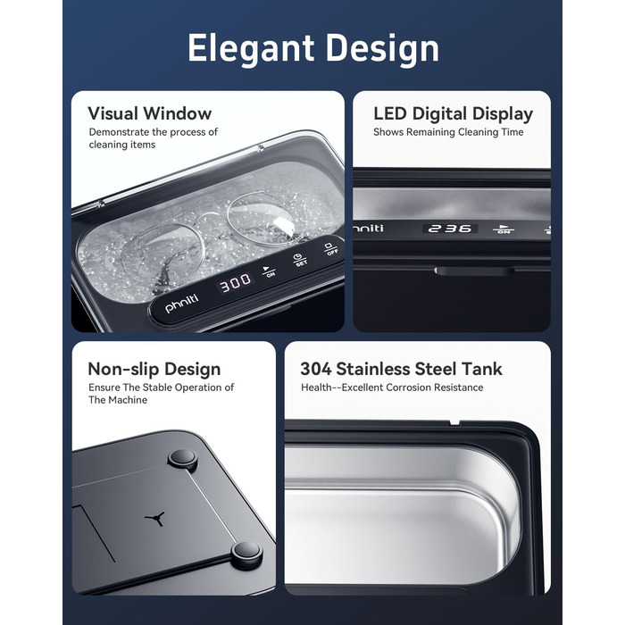 Ультразвуковий очисник Phniti 47 кГц: для окулярів, прикрас, зубних протезів | 3 режими, 330 мл