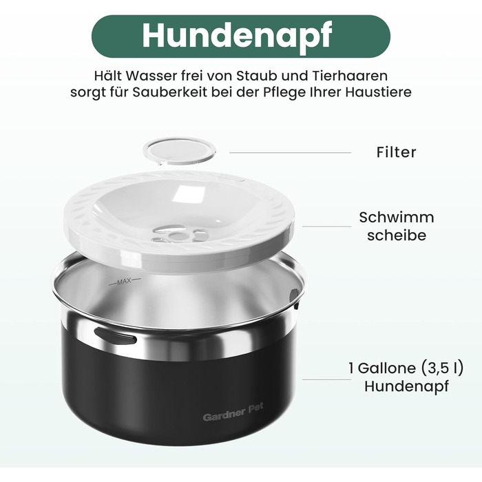 Нержавійна миска для води для собак Gardner Pet, 3,85 л, без розбризкування, для великих собак, чорна