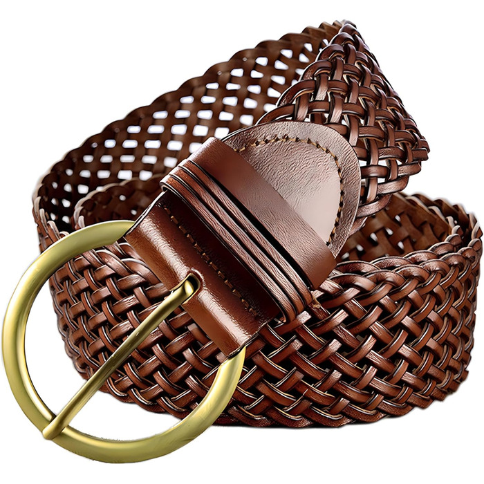 Жіночий шкіряний ремінь Annuloya плетенений, ручної роботи, 5 см, золота пряжка, 58-105 см, колір браун