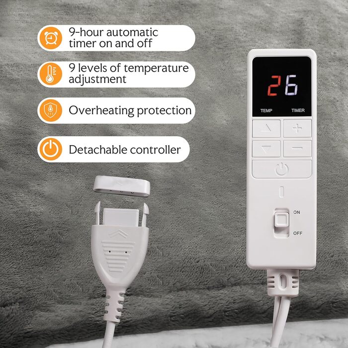 Електрична ковдра з автовимкненням 130x180 см, 9 режимів нагріву, таймер 9 годин, захист від перегріву, м'яка та приємна до тіла, для дому та офісу, чорна