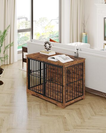 Клітка для собак Hzuaneri, 110 см, 2 двері, сучасний дизайн, для собак малих, середніх та великих порід (до 100 кг), з функцією приліжкового столика, посилена ковзна дверцята, 65 × 110 × 81 см, колір Vintage Brown, DFC84401B