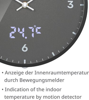Bresser MyTime Radio-Controlled Wall Clock with Silent Movement, 24 cm Dial, LED Second Display, Indoor Temperature and Silent Radio Clock Movement, Grey