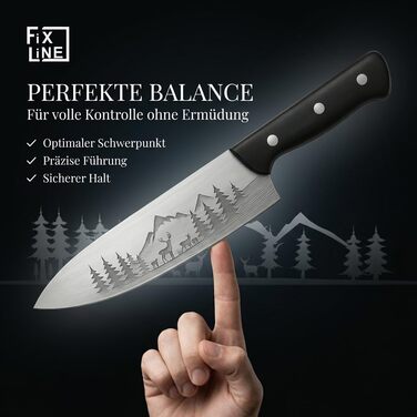 Ніж кухарський FIXLINE® Chefmesser 20 см BLACK FOREST Edition – професійний ніж для кухні, нержавіюча сталь, чорна дерев'яна ручка, подарункова упаковка
