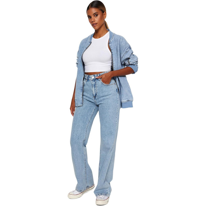 Джинси жіночі Trendyol прямого крою з високою талією, блакитний (44)