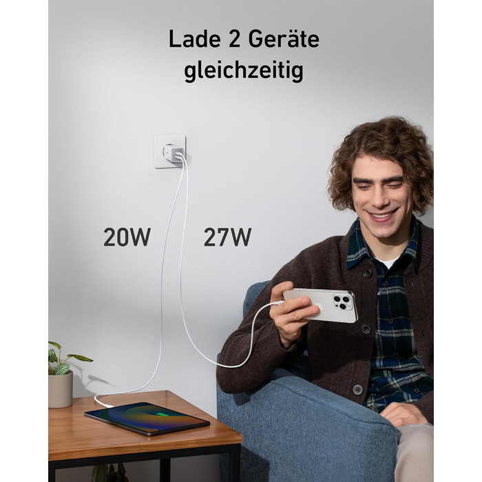 Зарядний пристрій Anker USB-C 47W (Nano 3) з 2 портами GaN, білий - для iPhone, Galaxy, Pixel, iPad