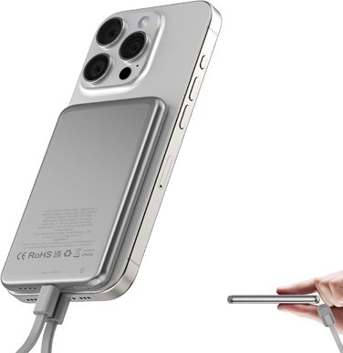 Power Bank MagSafe 5000mAh 20W PD з бездротовою зарядкою, USB-C, для iPhone 16/15/14/13/12, срібний