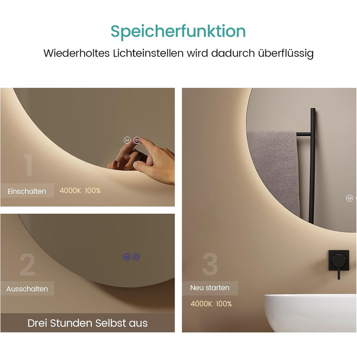 Круглий дзеркало для ванної кімнати EMKE з підсвіткою 80 см – дзеркало з 3 кольорами світла, регулюванням яскравості, сенсорним керуванням, функцією пам'яті, енергозберігаюче – дзеркало для ванної кімнати та настінне дзеркало (50x50 см)