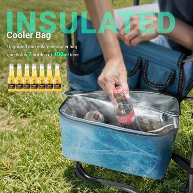 Кемпінговий стілець OVERMONT складний з бічним столиком та охолоджувальною сумкою, до 180 кг - блакитно-сірий