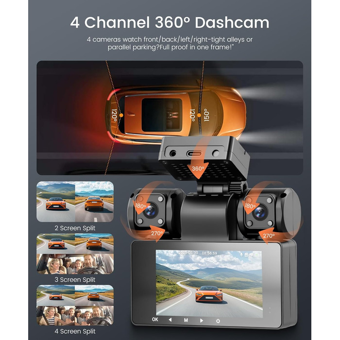 Автомобільний відеореєстратор 360° 4K/FHD 1080P (4 канали: передній, задній, лівий, правий) з ІК-нічним баченням, G-сенсором, моніторингом паркування 24г та карткою пам'яті 64 ГБ, екран 3 дюйми