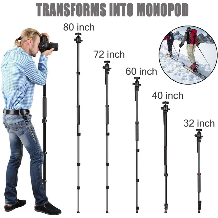 Штатив для камери MACTREM 80' з кульковою головкою 360°, міцний штатив з алюмінію для DSLR, Canon, Nikon, телескоп, з сумкою