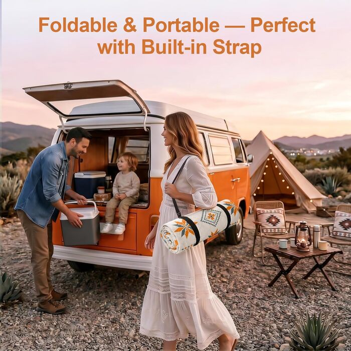 Плед для пікніка водонепроникний 200x200 см, пляжний килим без піску, складаний, з ручкою для перенесення (на 4-6 осіб) - ідеально для пляжу, кемпінгу та пікніків