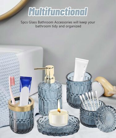Набір аксесуарів для ванної кімнати Qivine 5 шт., блакитний: стакан для зубної пасти, дозатор мила, контейнер для ватних паличок. Сучасний набір скляних аксесуарів для ванної кімнати