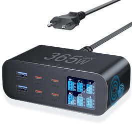 Зарядний пристрій USB-C 365W YSYFAD з 6 портами, PD 100W, QC 3.0, LED індикатор - для MacBook, ноутбуків, iPhone, iPad (Чорний)