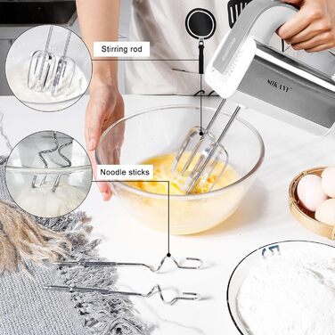 Міксер SOKANY 800W з нержавіючої сталі, 5 швидкостей, 2 гачки для тіста та 2 вінчики (Cx-6651w White)