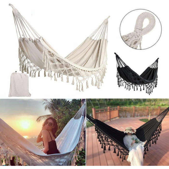 Гамак для дому та вулиці Boho макраме подвійний великий бавовняний м'який для двох осіб 200x150 см, до 200 кг (Чорний)