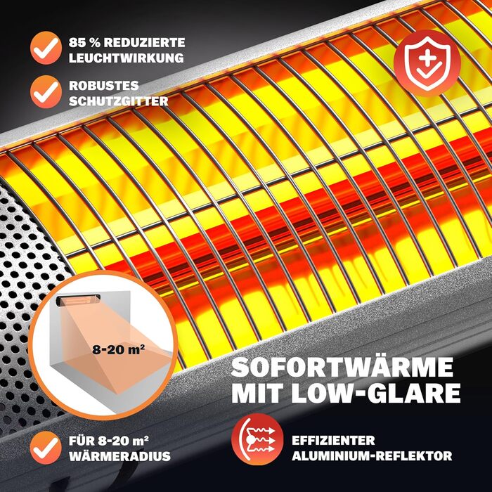 Інфрачервовий обігрівач MONZANA® MZH2000 Goldröhre 2000W з пультом керування, 3 режими, кут нахилу 90°, для тераси та вулиці