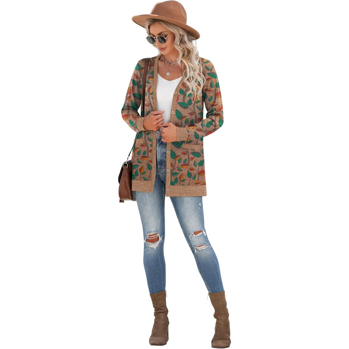 Жіночий трикотажний кардиган Grecerelle з довгими рукавами, V-подібним вирізом, з кишенями та ґудзиками, осінь, колір 'Коричневе листя'