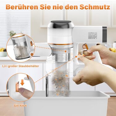 Бездротовий акумуляторний пилосос Tikom V500 450W, 6-в-1, білий. З контейнером 1.3л, для прибирання килимів, шерсті тварин та твердих поверхонь.