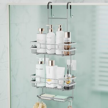 Настінна поличка для душу SWTYMIKI з нержавіючої сталі з 2 кошиками та 2 мильницями, 14 гачків, срібна