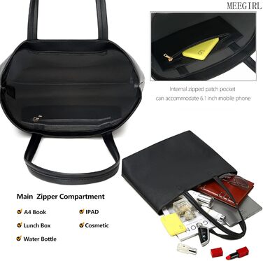 Сумка жіноча шоппер Tote Bag з PU шкіри, чорна: для роботи, школи, покупок, з блискавкою та внутрішніми кишенями