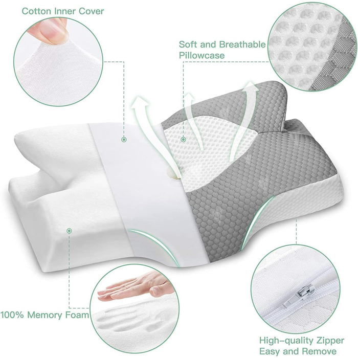 Elviros Orthopedic Memory Foam Pillow, Side Sleeper Pillow Neck Support Pillow, Head Pillow for Neck Pain, Ergonomic Sleep Pillow for Neck and Shoulder Pain, 54x11/9x33cm, Gray