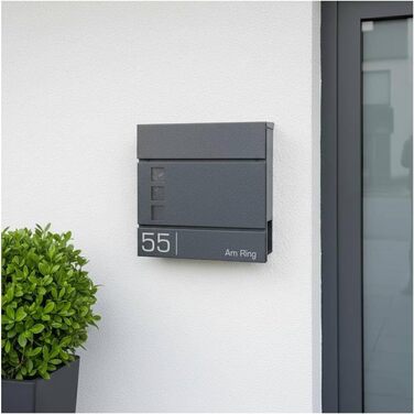 Поштова скринька Metzler Cube Anthrazit RAL 7016 з лазерним гравіюванням адреси та номера будинку, з газетницею та вікном - 37x37x10.5 см (Db703 Eisenglimmer)