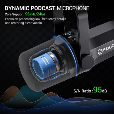 FDUCE SL40+ – динамічний мікрофон для подкастів, геймінгу та стрімінгу, USB/XLR, з кріпленням-жабою, вихід для навушників, кнопка вимкнення мікрофона, регулювання чутливості, чорний